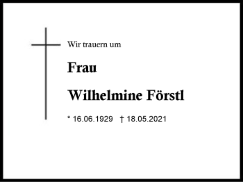 Traueranzeige von Wilhelmine Förstl von Region Berchtesgadener Land
