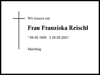 Traueranzeige von Franziska Reischl von Region Berchtesgadener Land