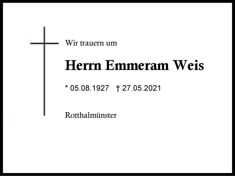  Traueranzeige für Emmeram Weis vom 29.05.2021 aus Region Berchtesgadener Land