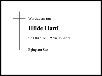Traueranzeige von Hilde Hartl von Region Berchtesgadener Land