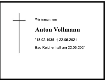 Traueranzeige von Anton Vollmann von Region Berchtesgadener Land