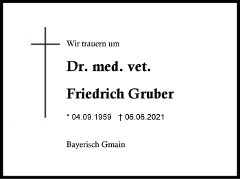 Traueranzeige von Friedrich Gruber von Region Berchtesgadener Land