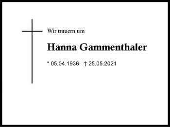 Traueranzeige von Hanna Gammenthaler von Region Chiemgau