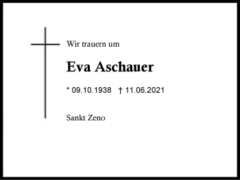 Traueranzeige von Eva Aschauer von Region Berchtesgadener Land