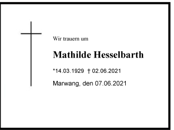 Traueranzeige von Mathilde Hesselbarth von Region Chiemgau