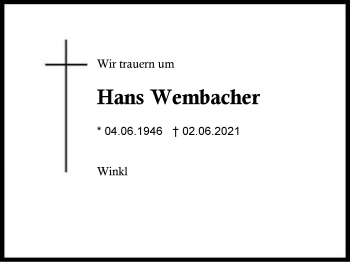 Traueranzeige von Hans Wembacher von Region Chiemgau