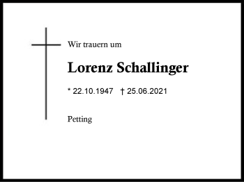 Traueranzeige von Lorenz Schallinger von Region Traunstein