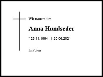 Traueranzeige von Anna Hundseder von Region Traunstein