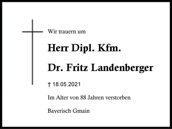 Traueranzeige von Fritz Landenberger  von Region Berchtesgadener Land