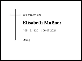 Traueranzeige von Elisabeth Mußner von Region Traunstein