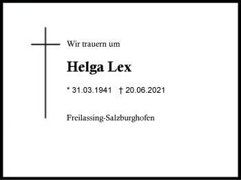 Traueranzeige von Helga Lex von Region Berchtesgadener Land