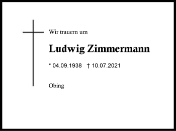 Traueranzeige von Ludwig Zimmermann von Region Traunstein