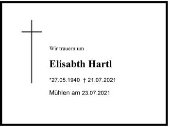 Traueranzeige von Elisabeth Hartl von Region Chiemgau