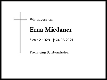 Traueranzeige von Erna Miedaner von Region Berchtesgadener Land