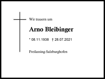 Traueranzeige von Arno Bleibinger von Region Berchtesgadener Land