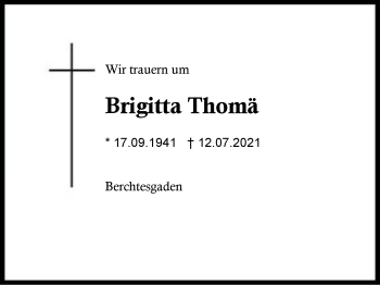 Traueranzeige von Brigitta Thomä von Region Chiemgau