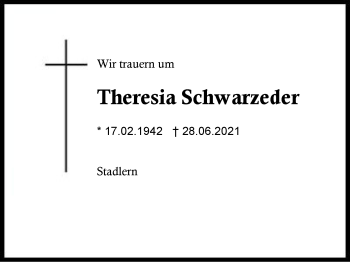 Traueranzeige von Theresia Schwarzeder von Region Berchtesgadener Land