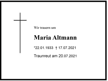 Traueranzeige von Maria Altmann von Region Chiemgau