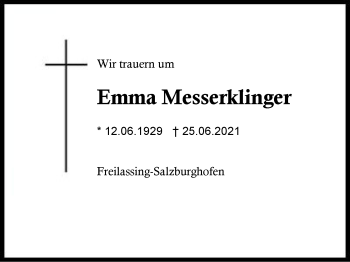 Traueranzeige von Emma Messerklinger von Region Berchtesgadener Land