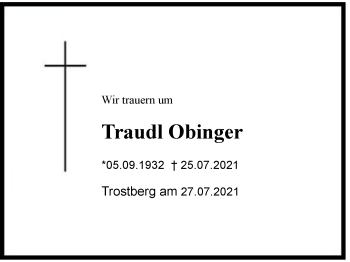 Traueranzeige von Traudl Obinger von Region Chiemgau