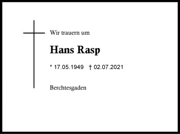 Traueranzeige von Hans Rasp von Region Chiemgau