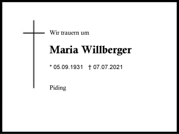 Traueranzeige von Maria Willberger von Region Berchtesgadener Land