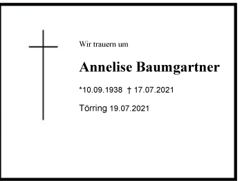 Traueranzeige von Annelise Baumgartner von Region Chiemgau