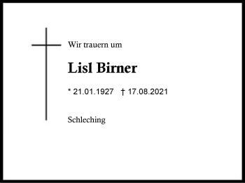 Traueranzeige von Lisl Birner von Region Chiemgau