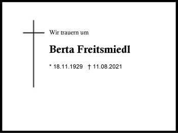 Traueranzeige von Berta Freitsmiedl von Region Chiemgau