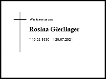 Traueranzeige von Rosina Gierlinger von Region Berchtesgadener Land
