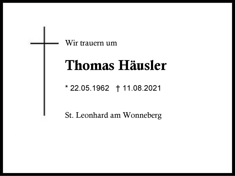  Traueranzeige für Thomas Häusler vom 21.08.2021 aus Region Chiemgau