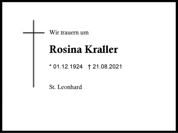 Traueranzeige von Rosina Kraller von Region Chiemgau