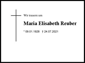 Traueranzeige von Maria Elisabeth Reuber von Region Berchtesgadener Land