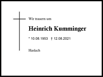 Traueranzeige von Heinrich Kumminger von Region Chiemgau