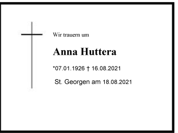 Traueranzeige von Anna Huttera von Chiemgau