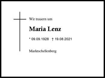 Traueranzeige von Maria Lenz von Region Chiemgau