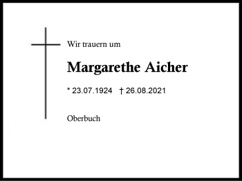 Traueranzeige von Margarethe Aicher von Region Traunstein