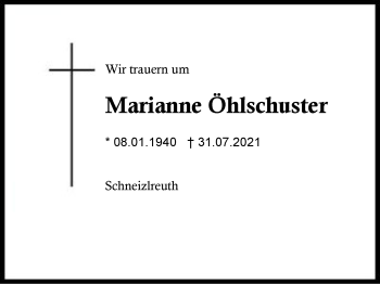 Traueranzeige von Marianne Öhlschuster von Region Berchtesgadener Land