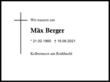 Traueranzeige von Mäx Berger von Region Chiemgau