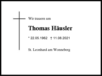 Traueranzeige von Thomas Häusler von Region Traunstein