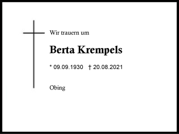 Traueranzeige von Berta Krempels von Region Traunstein