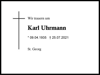 Traueranzeige von Karl Uhrmann von Region Traunstein