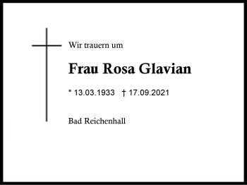 Traueranzeige von Rosa Glavian von Region Berchtesgadener Land