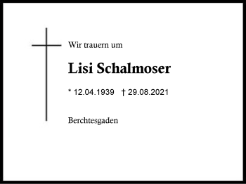 Traueranzeige von Lisi Schalmoser von Region Chiemgau