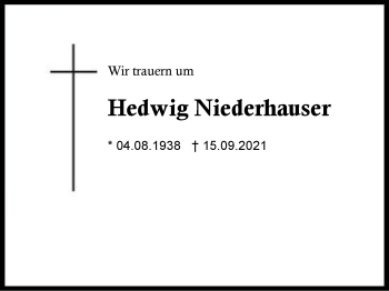 Traueranzeige von Hedwig Niederhauser von Region Chiemgau