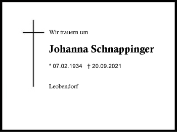 Traueranzeige von Johanna Schnappinger von Region Traunstein
