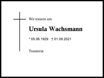 Traueranzeige von Ursula Wachsmann von Region Traunstein