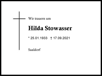Traueranzeige von Hilda Stowasser von Region Berchtesgadener Land