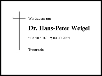 Traueranzeige von Hans-Peter Weigel von Region Chiemgau