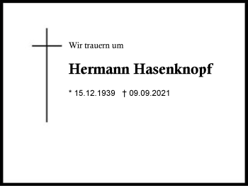 Traueranzeige von Hermann Hasenknopf von Region Chiemgau